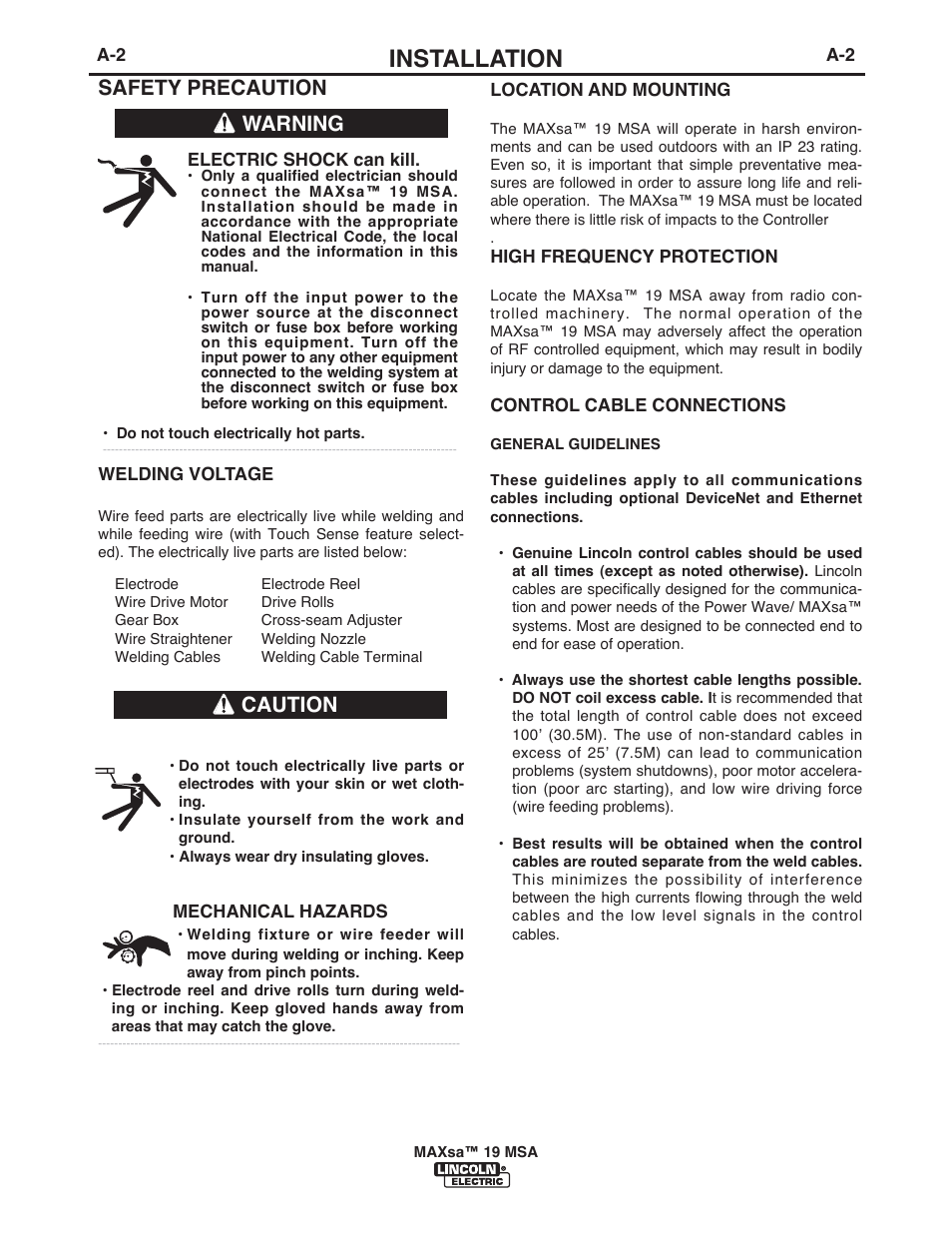 Installation, Safety precaution, Warning caution | Lincoln Electric IM10126 MAXsa 19 MSA User Manual | Page 8 / 28