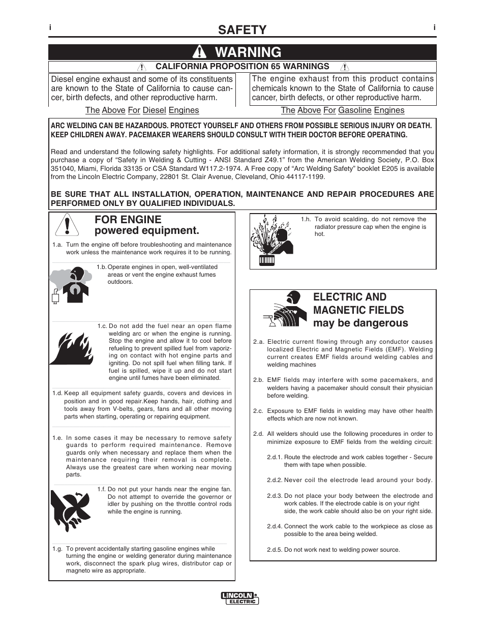 Warning, Safety, For engine powered equipment | Electric and magnetic fields may be dangerous | Lincoln Electric IM10024 MAXsa 22_29 Wire Drive User Manual | Page 2 / 50