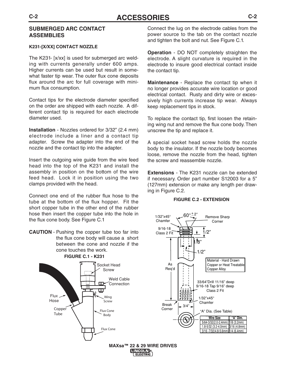 Accessories, C-2 submerged arc contact assemblies | Lincoln Electric IM10024 MAXsa 22_29 Wire Drive User Manual | Page 26 / 50