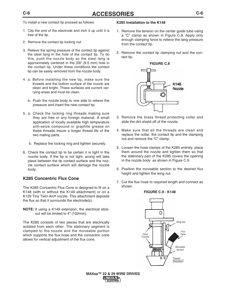 Accessories, K285 concentric flux cone | Lincoln Electric IM10024 MAXsa 22_29 Wire Drive User Manual | Page 30 / 50