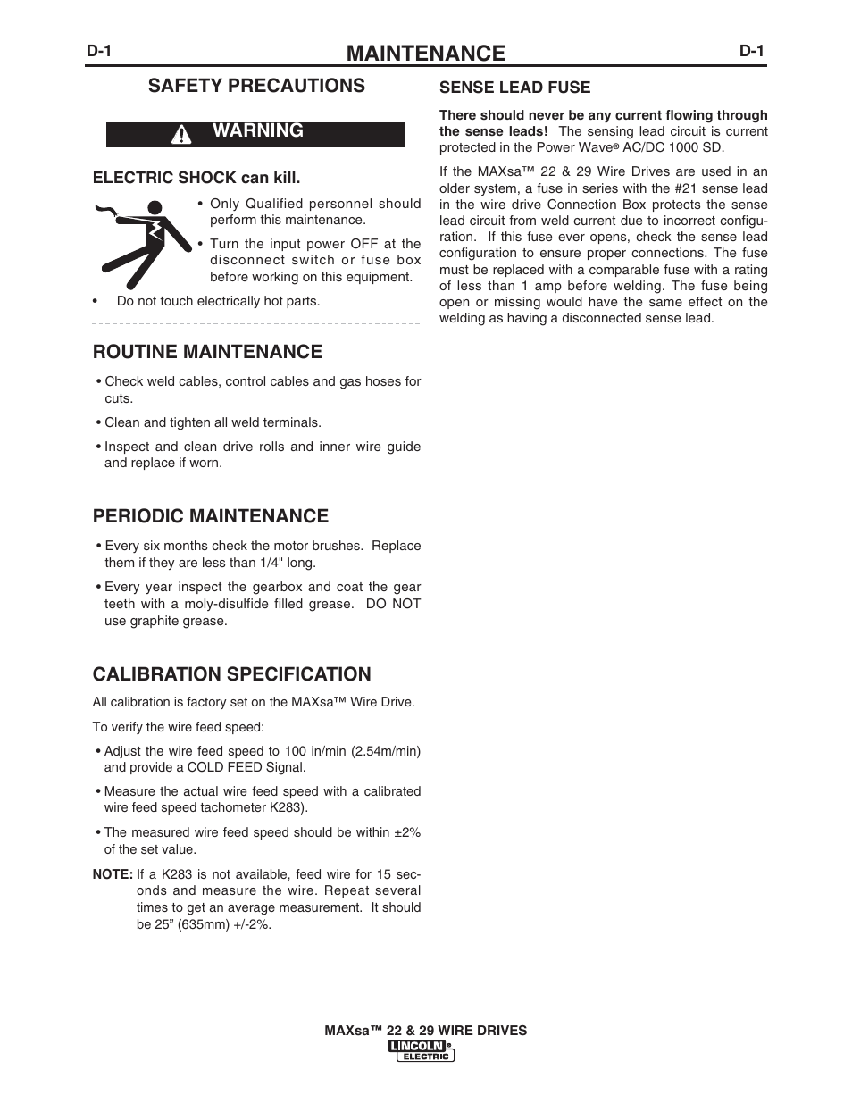 Maintenance, Safety precautions, Routine maintenance | Periodic maintenance, Calibration specification, Warning | Lincoln Electric IM10024 MAXsa 22_29 Wire Drive User Manual | Page 40 / 50