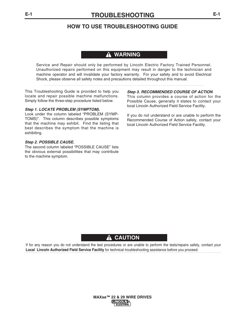 Troubleshooting, Caution, How to use troubleshooting guide | Warning | Lincoln Electric IM10024 MAXsa 22_29 Wire Drive User Manual | Page 41 / 50