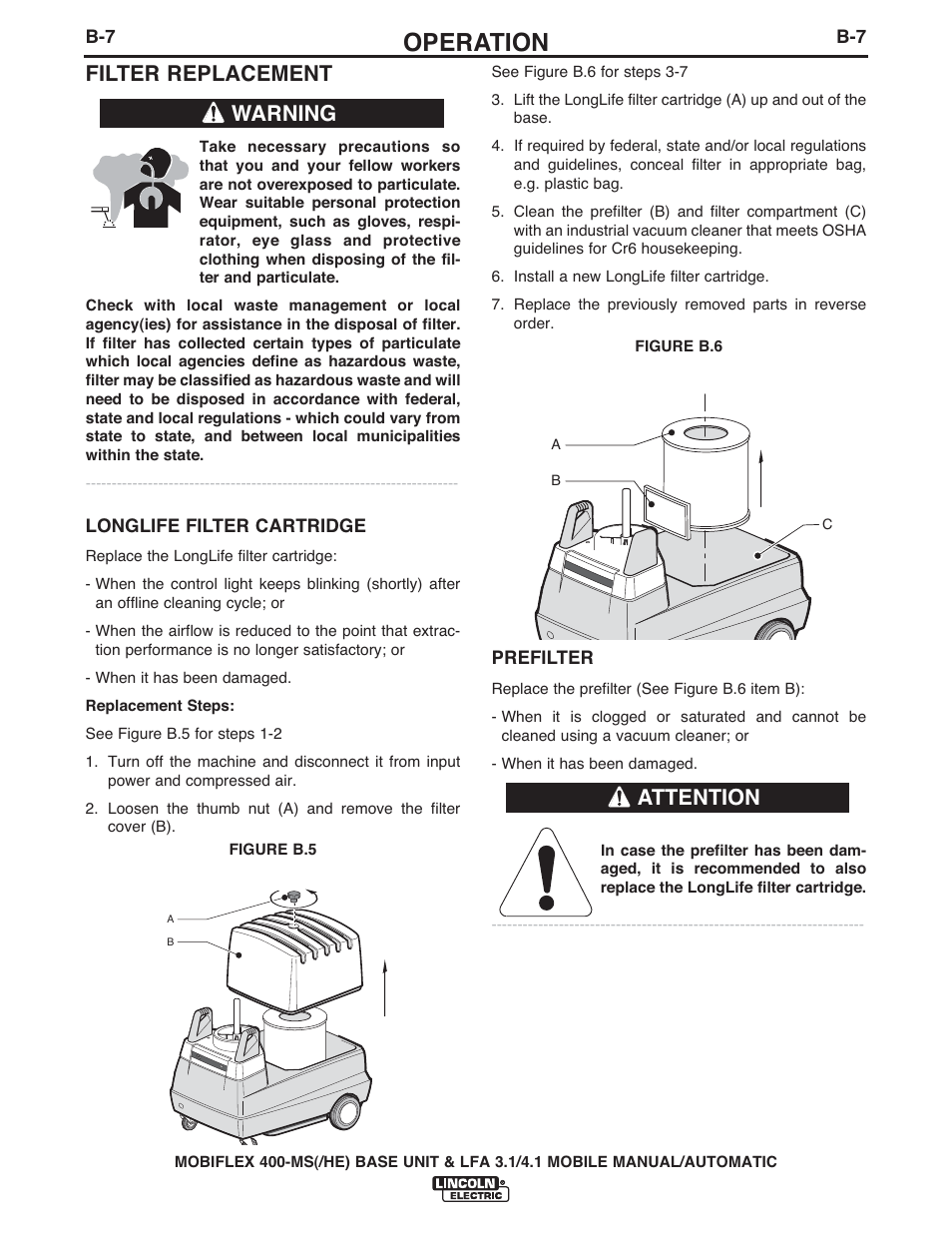 Operation, Filter replacement, Warning | Attention | Lincoln Electric IM10121 Mobiflex 400-MS User Manual | Page 22 / 38