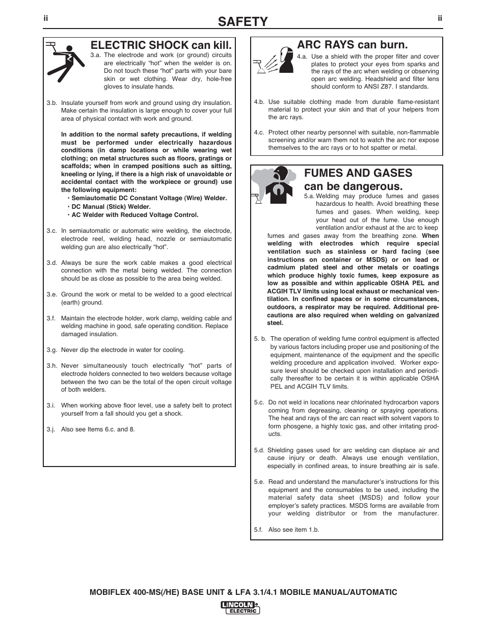 Safety, Arc rays can burn, Electric shock can kill | Fumes and gases can be dangerous | Lincoln Electric IM10121 Mobiflex 400-MS User Manual | Page 3 / 38