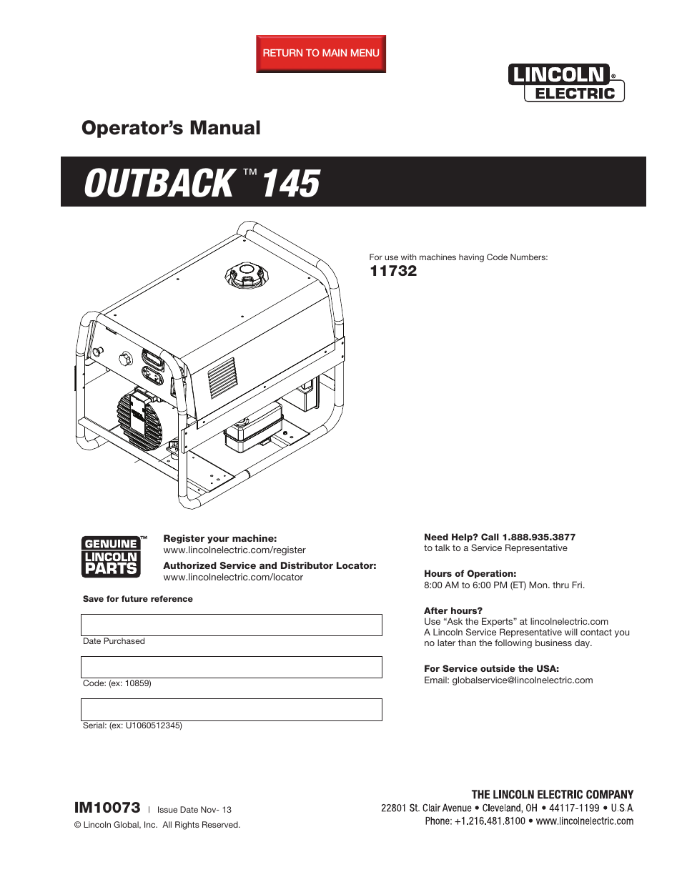 Lincoln Electric IM10073 OUTBACK 145 User Manual | 44 pages