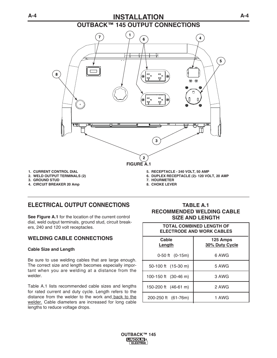 Installation, Electrical output connections, Outback™ 145 output connections | Lincoln Electric IM10073 OUTBACK 145 User Manual | Page 11 / 44