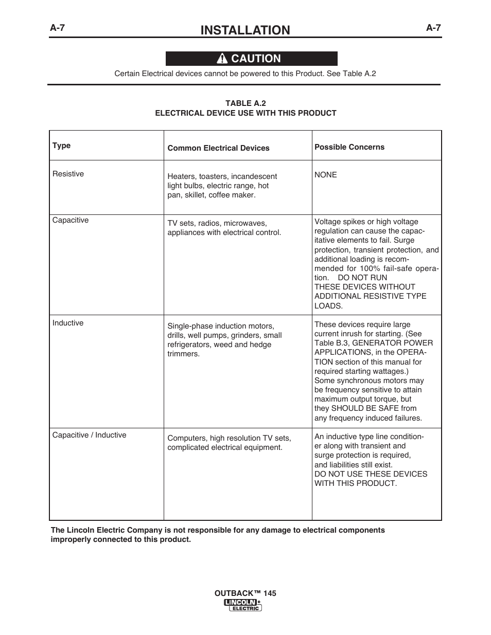 Installation, Caution | Lincoln Electric IM10073 OUTBACK 145 User Manual | Page 14 / 44