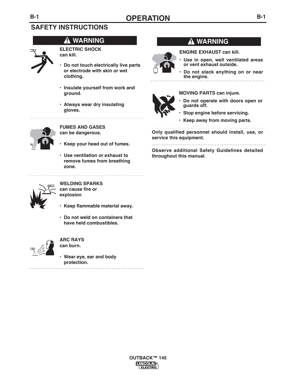 Operation, Safety instructions, Warning | Lincoln Electric IM10073 OUTBACK 145 User Manual | Page 15 / 44