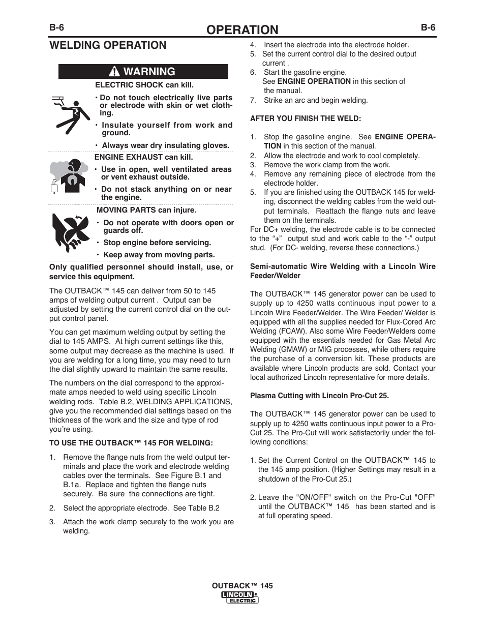 Operation, Welding operation, Warning | Lincoln Electric IM10073 OUTBACK 145 User Manual | Page 20 / 44