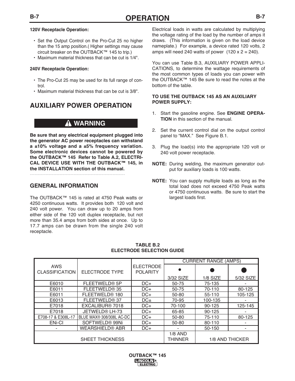 Operation, Auxiliary power operation, Warning | Lincoln Electric IM10073 OUTBACK 145 User Manual | Page 21 / 44