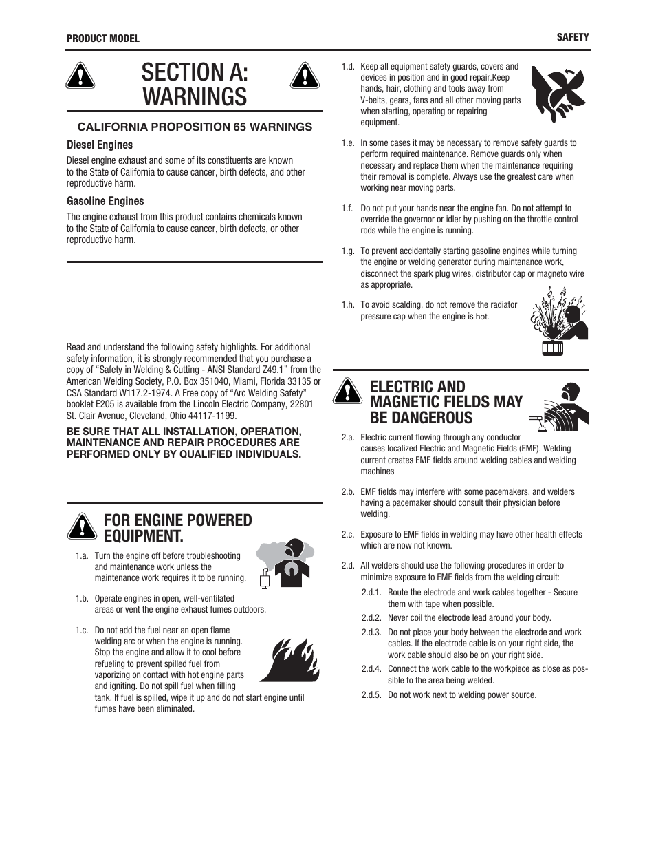 For engine powered equipment, Electric and magnetic fields may be dangerous | Lincoln Electric IM10073 OUTBACK 145 User Manual | Page 3 / 44
