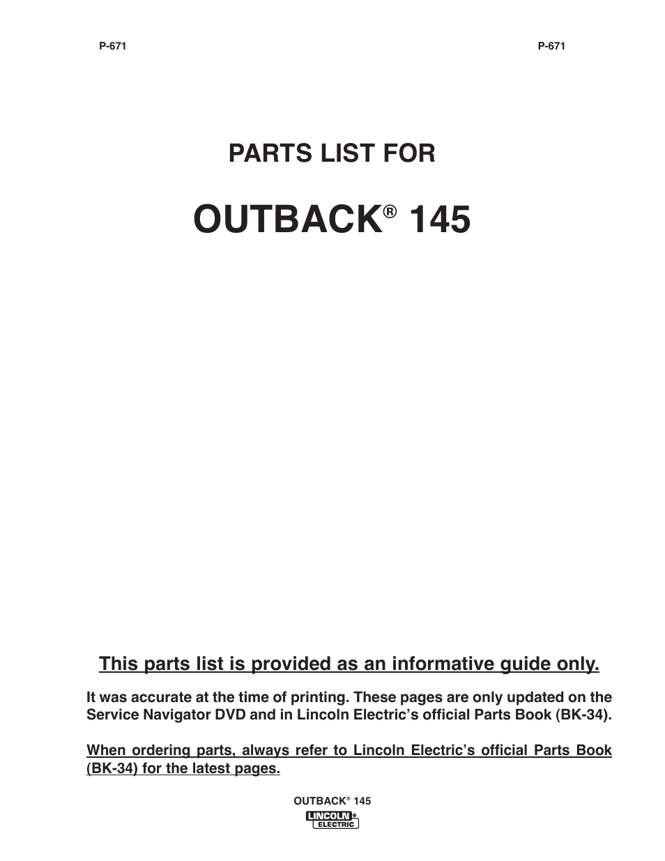 Outback, Parts list for | Lincoln Electric IM10073 OUTBACK 145 User Manual | Page 31 / 44