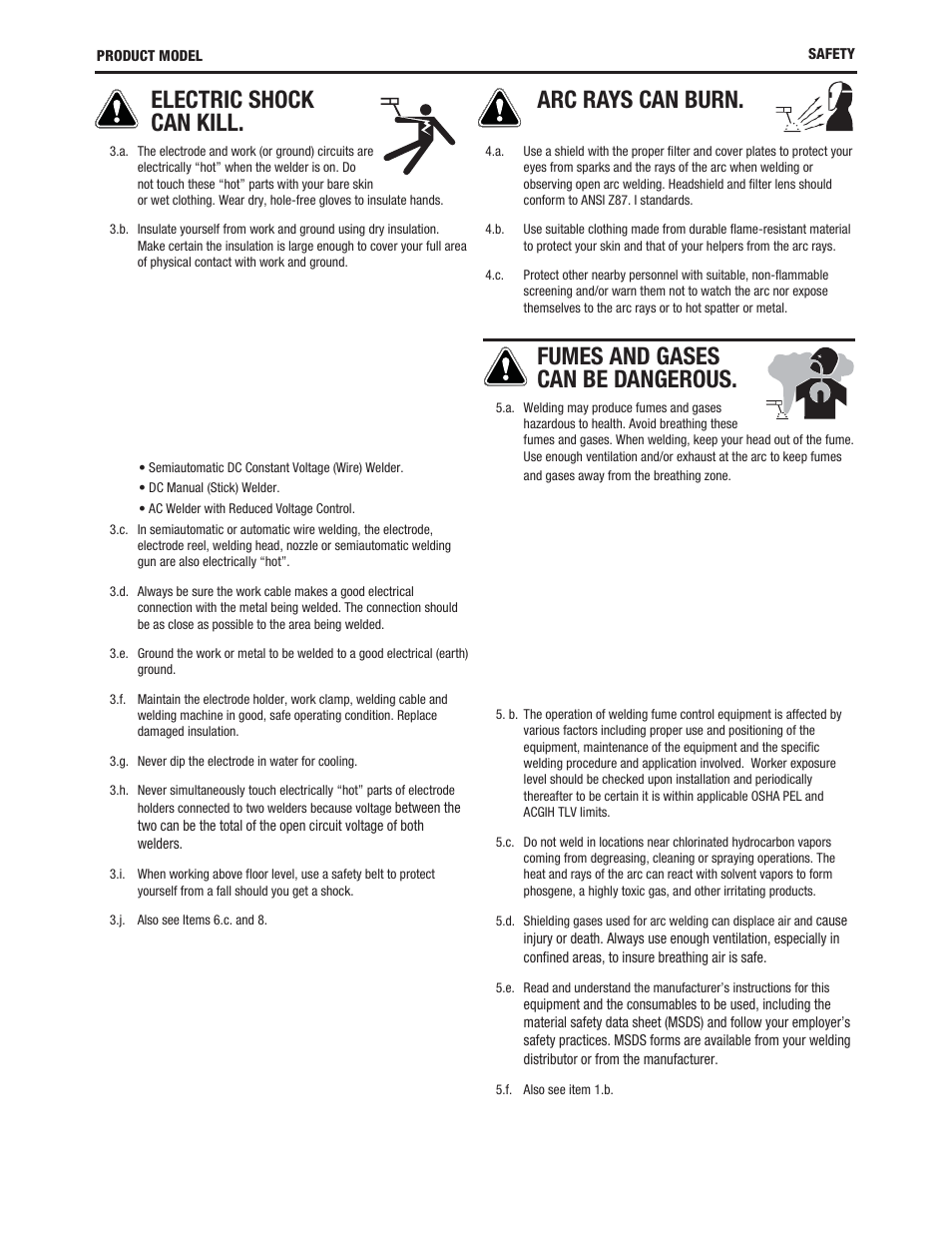 Electric shock can kill, Arc rays can burn, Fumes and gases can be dangerous | Lincoln Electric IM10073 OUTBACK 145 User Manual | Page 4 / 44