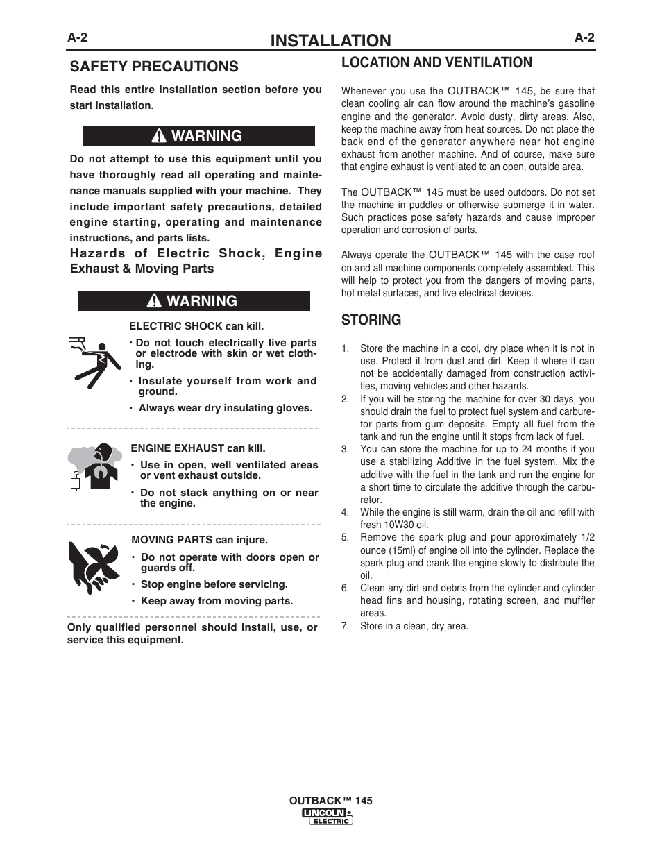 Installation, Warning, Safety precautions | Warning location and ventilation, Storing | Lincoln Electric IM10073 OUTBACK 145 User Manual | Page 9 / 44