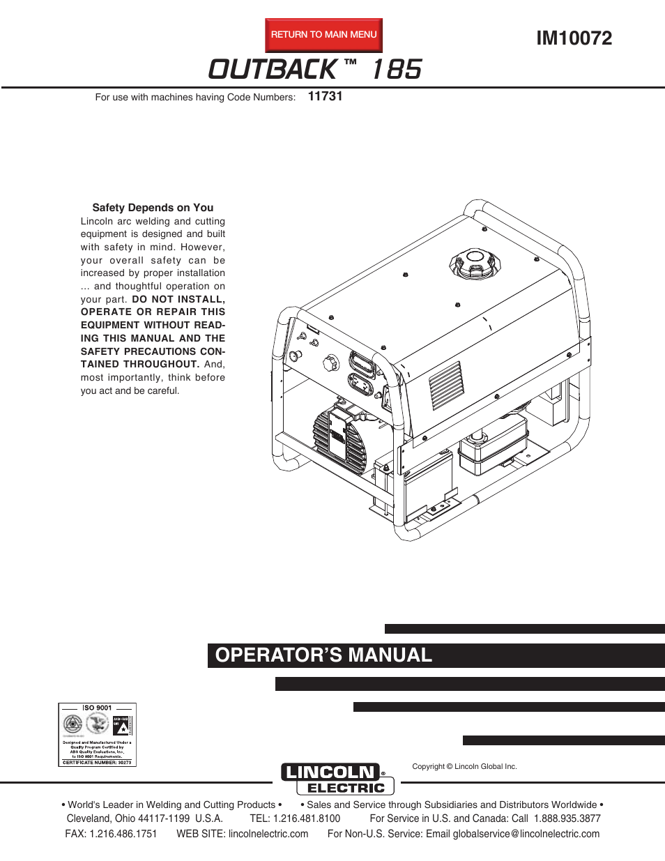 Lincoln Electric IM10072 OUTBACK 185 User Manual | 34 pages
