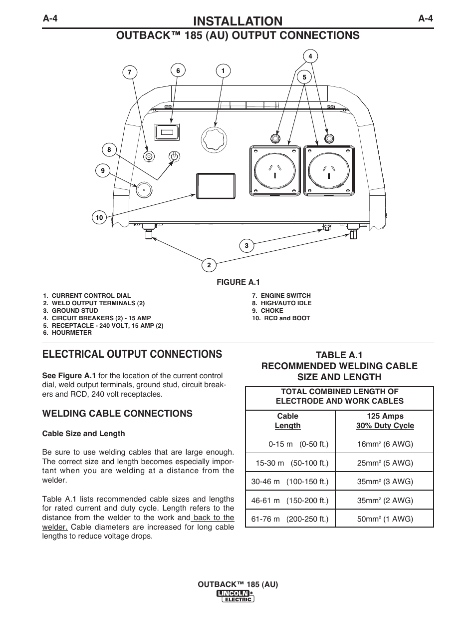 Installation, Electrical output connections, Outback™ 185 (au) output connections | Welding cable connections | Lincoln Electric IM10112 OUTBACK 185 (AU) User Manual | Page 13 / 36