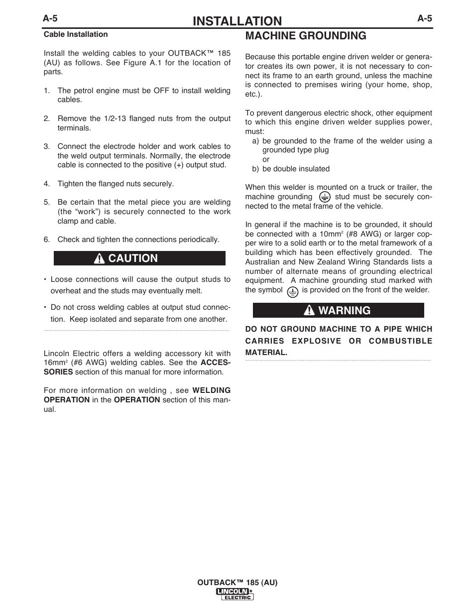 Installation, Machine grounding, Warning caution | Lincoln Electric IM10112 OUTBACK 185 (AU) User Manual | Page 14 / 36
