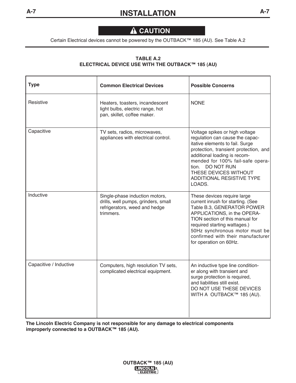 Installation, Caution | Lincoln Electric IM10112 OUTBACK 185 (AU) User Manual | Page 16 / 36