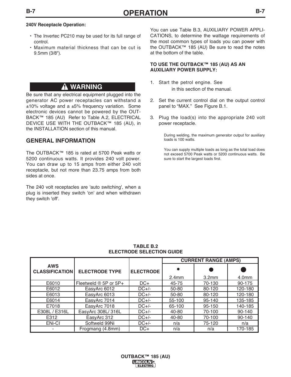 Operation, Auxiliary power operation, Warning | Lincoln Electric IM10112 OUTBACK 185 (AU) User Manual | Page 23 / 36