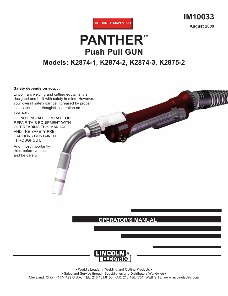 Lincoln Electric IM10033 PANTHER K2874-1, K2874-2, K2874-3, K2875-2 User Manual | 23 pages