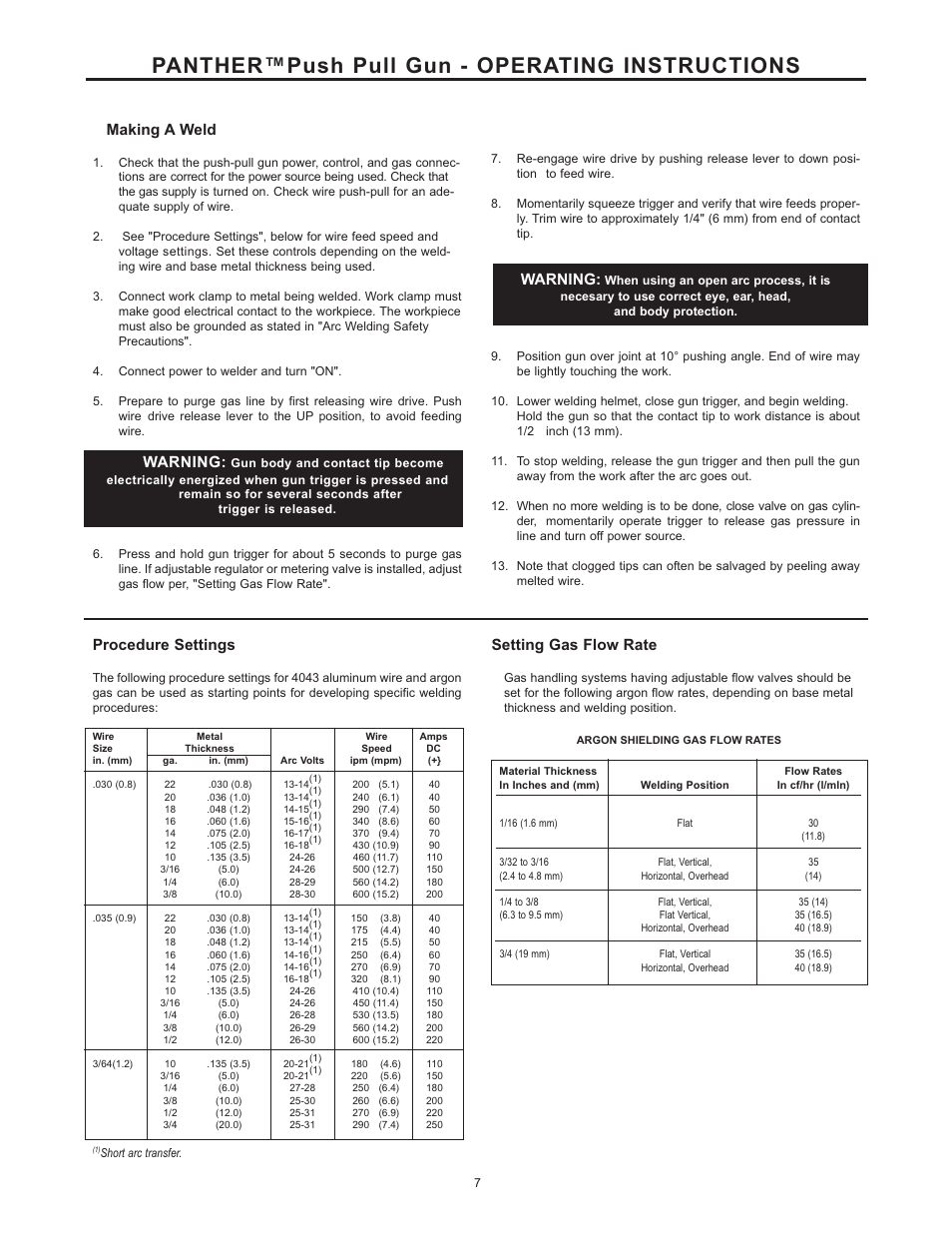 Panther™push pull gun - operating instructions, Making a weld, Warning | Procedure settings, Setting gas flow rate | Lincoln Electric IM10033 PANTHER K2874-1, K2874-2, K2874-3, K2875-2 User Manual | Page 14 / 23