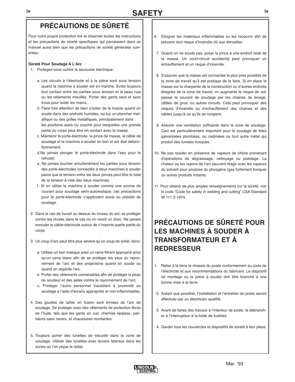 Safety, Précautions de sûreté | Lincoln Electric IM10033 PANTHER K2874-1, K2874-2, K2874-3, K2875-2 User Manual | Page 5 / 23