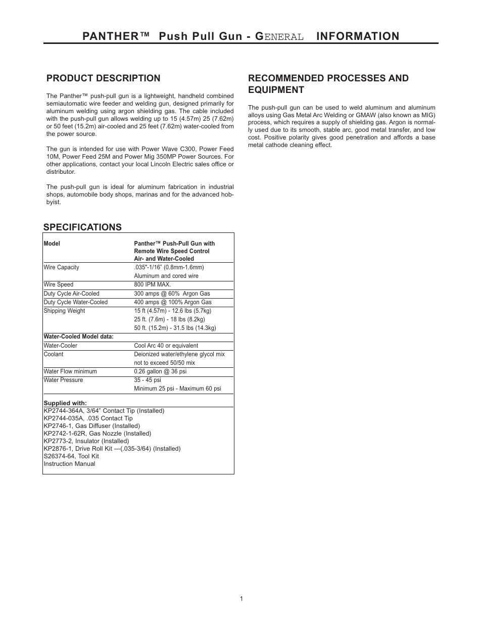 Panther™ push pull gun - g eneral information, Product description, Recommended processes and equipment | Specifications | Lincoln Electric IM10033 PANTHER K2874-1, K2874-2, K2874-3, K2875-2 User Manual | Page 8 / 23