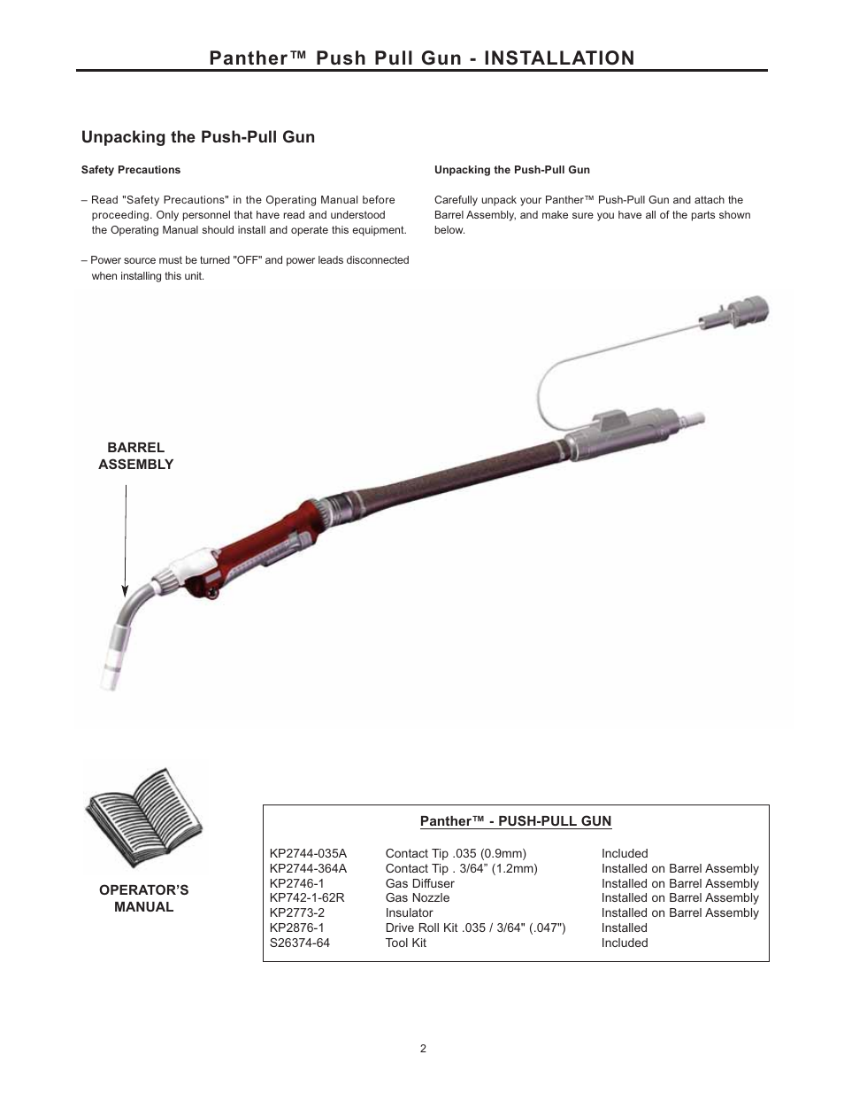 Panther™ push pull gun - installation, Unpacking the push-pull gun | Lincoln Electric IM10033 PANTHER K2874-1, K2874-2, K2874-3, K2875-2 User Manual | Page 9 / 23