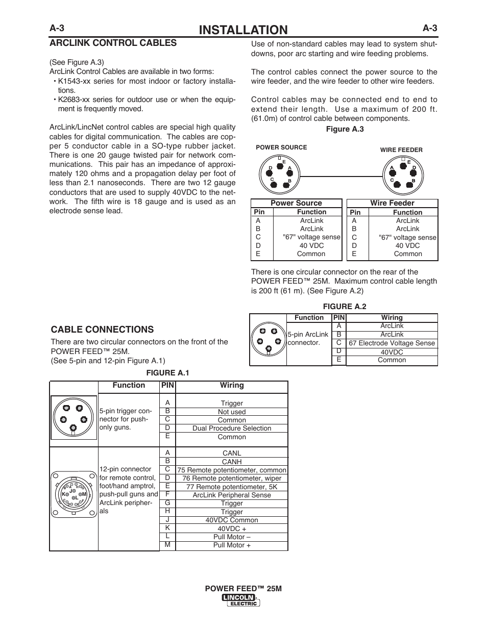 Installation, Cable connections, Arclink control cables | Lincoln Electric IM10077 POWER FEED 25M User Manual | Page 10 / 92