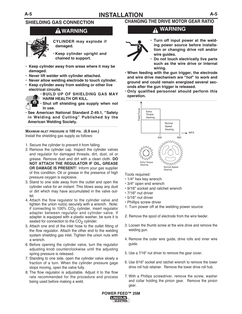 Installation, Warning | Lincoln Electric IM10077 POWER FEED 25M User Manual | Page 12 / 92