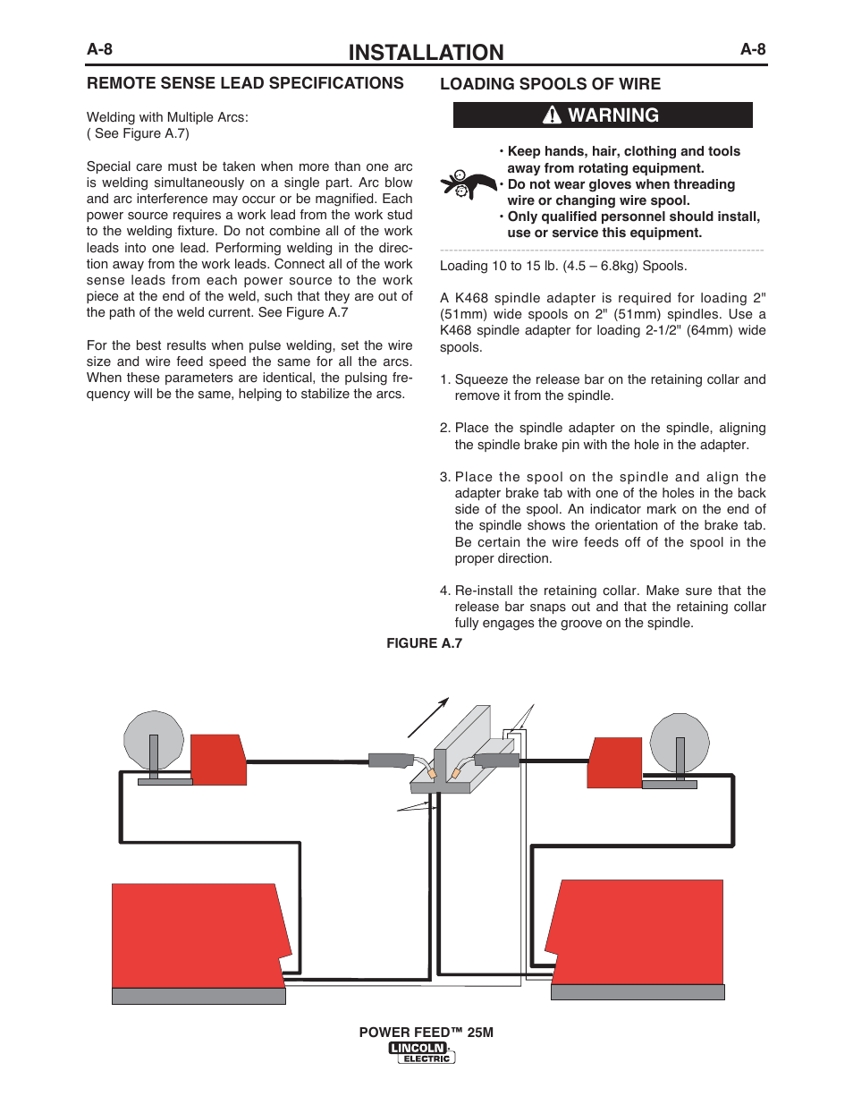 Installation, Warning | Lincoln Electric IM10077 POWER FEED 25M User Manual | Page 15 / 92