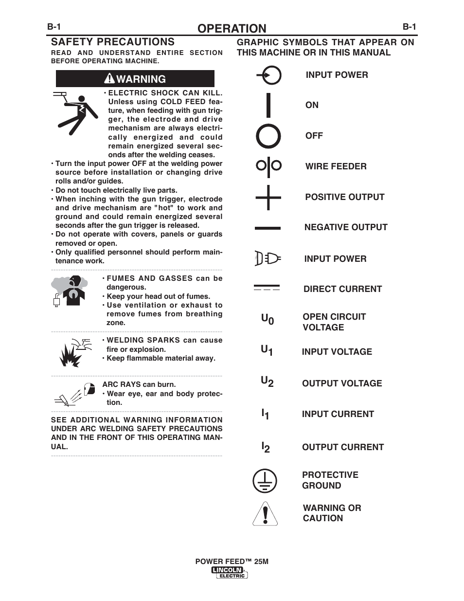 Operation, Warning safety precautions | Lincoln Electric IM10077 POWER FEED 25M User Manual | Page 17 / 92