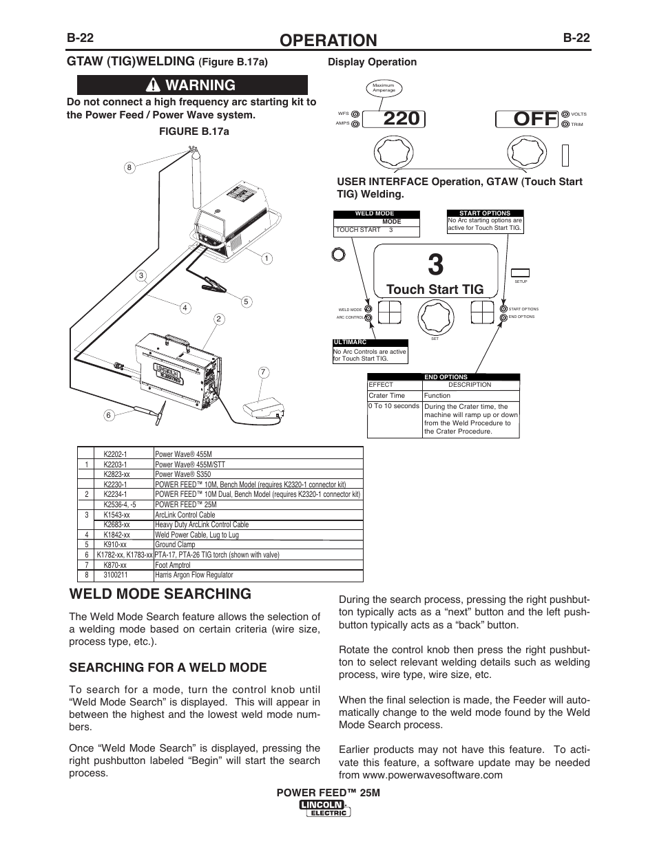 220 off, Operation, Warning | Weld mode searching, Touch start tig, B-22, Gtaw (tig)welding, Searching for a weld mode | Lincoln Electric IM10077 POWER FEED 25M User Manual | Page 38 / 92