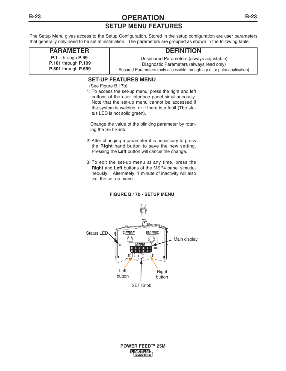 Operation, Setup menu features parameter, Definition | Lincoln Electric IM10077 POWER FEED 25M User Manual | Page 39 / 92