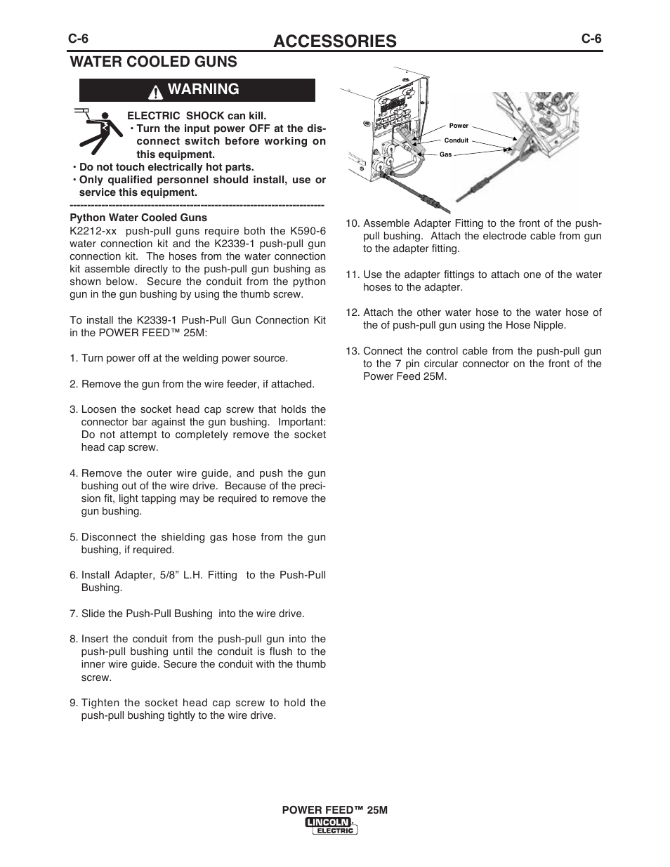 Accessories, Water cooled guns, Warning | Lincoln Electric IM10077 POWER FEED 25M User Manual | Page 66 / 92