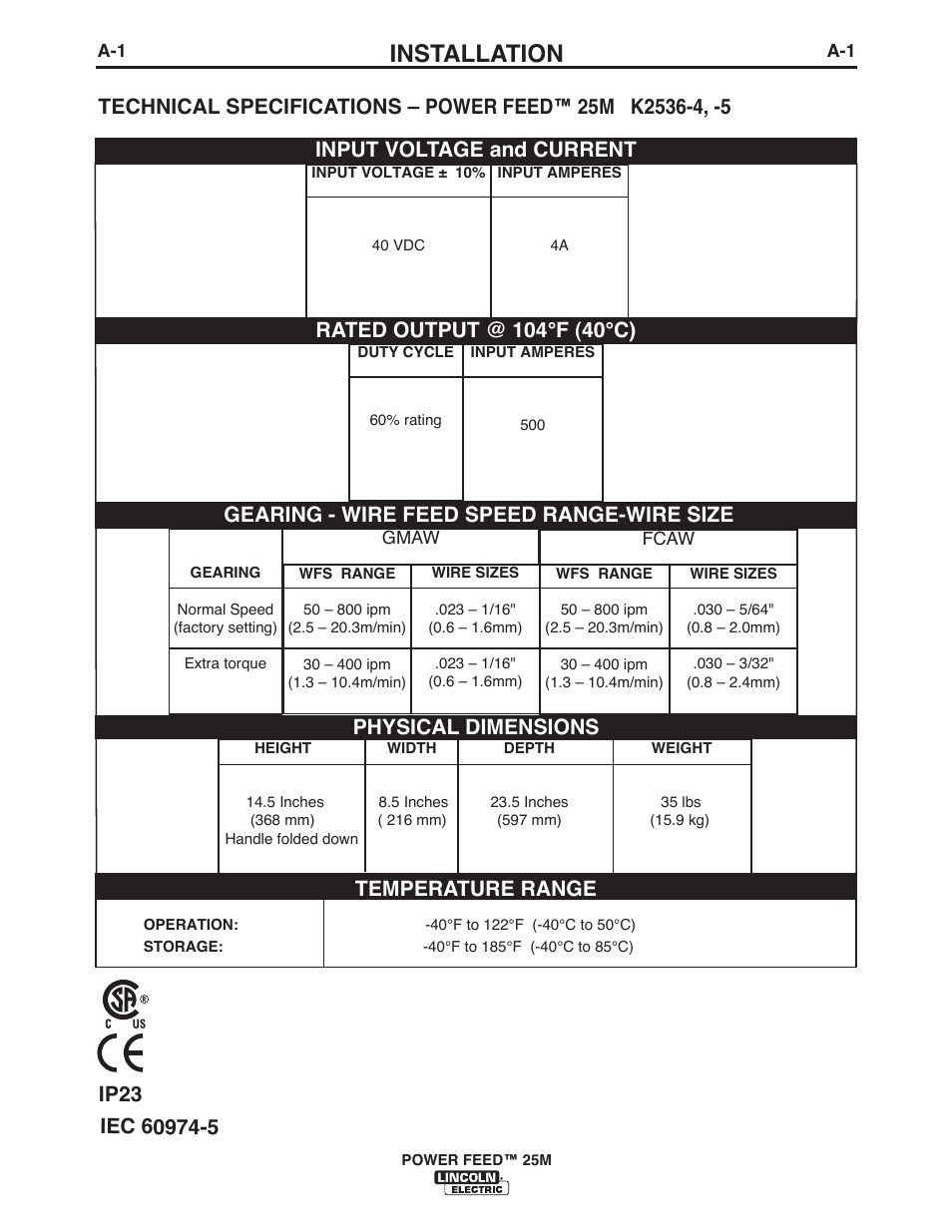 Installation, Temperature range | Lincoln Electric IM10077 POWER FEED 25M User Manual | Page 8 / 92