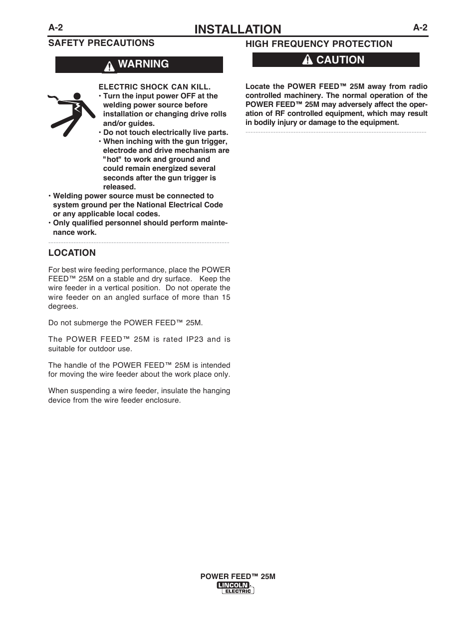 Installation, Warning caution | Lincoln Electric IM10077 POWER FEED 25M User Manual | Page 9 / 92