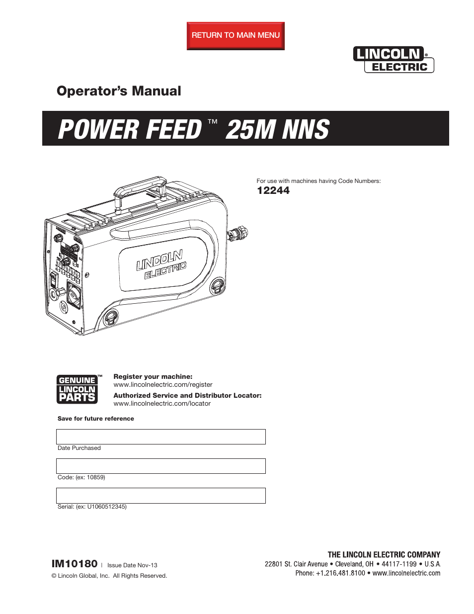 Lincoln Electric IM10180 POWER FEED 25M NNS User Manual | 72 pages