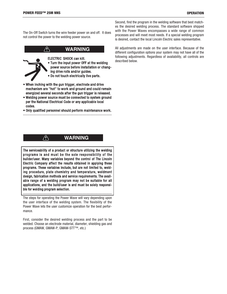 Warning | Lincoln Electric IM10180 POWER FEED 25M NNS User Manual | Page 20 / 72