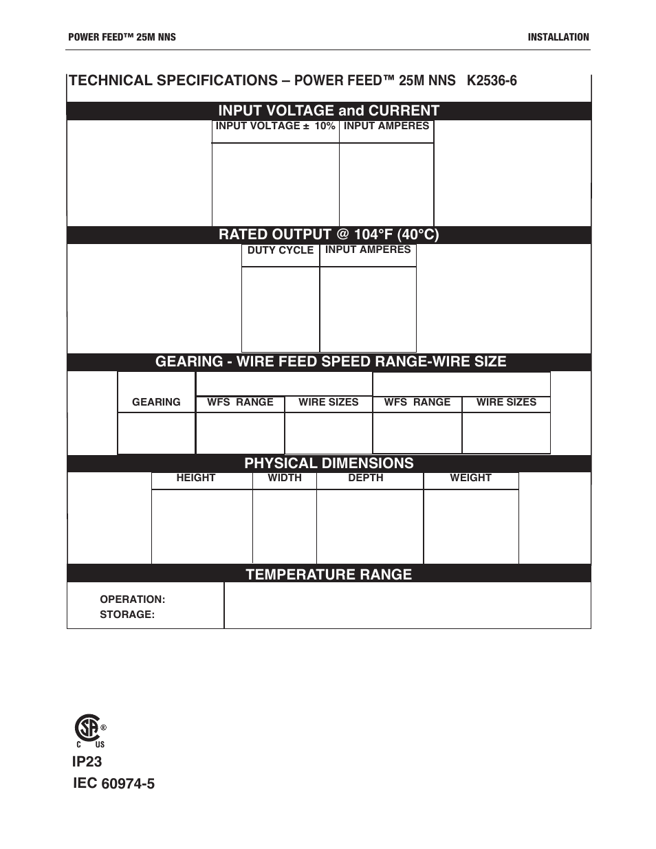 Temperature range | Lincoln Electric IM10180 POWER FEED 25M NNS User Manual | Page 9 / 72