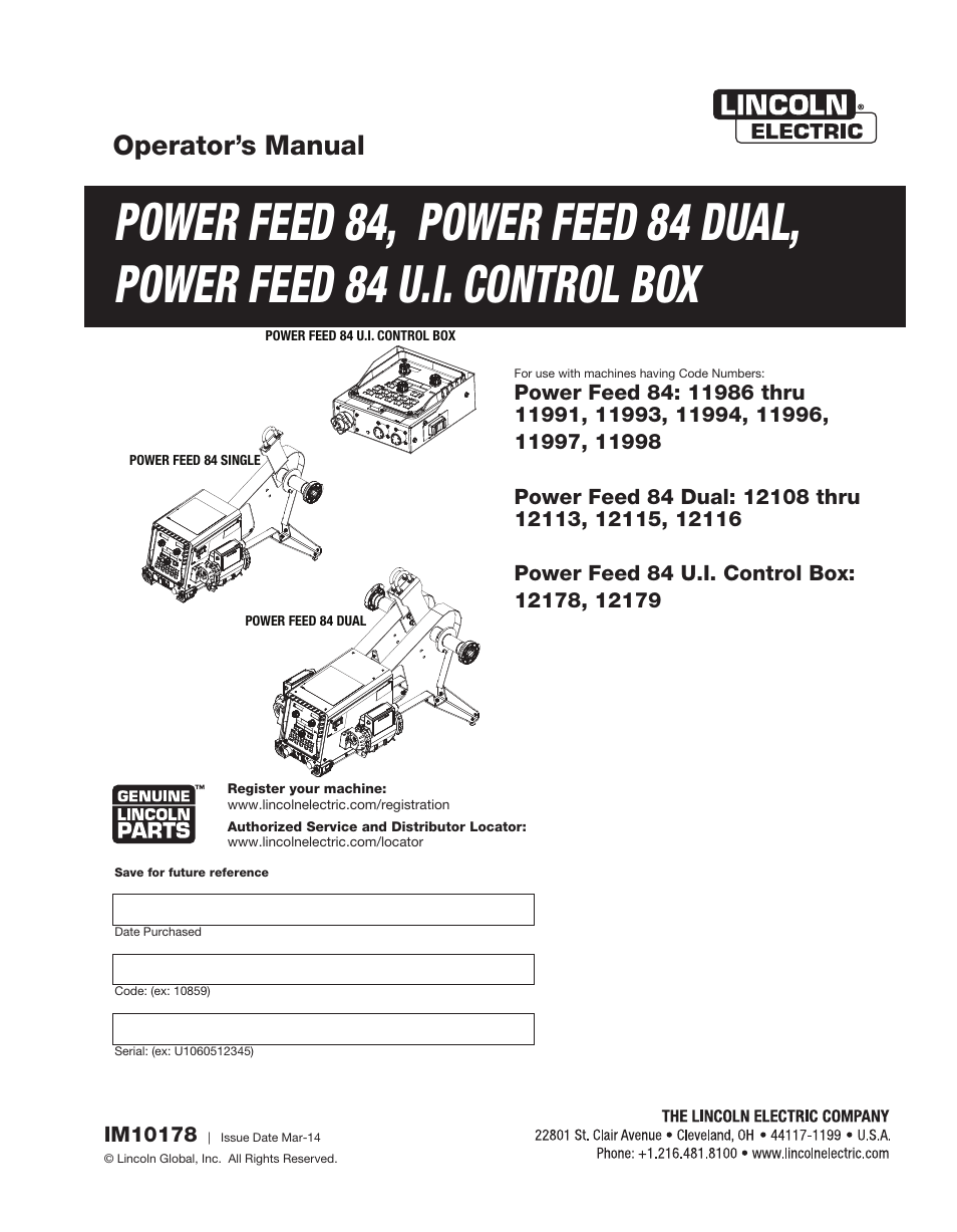 Lincoln Electric IM10178 POWER FEED 84 U.I. CONTROL BOX User Manual | 136 pages