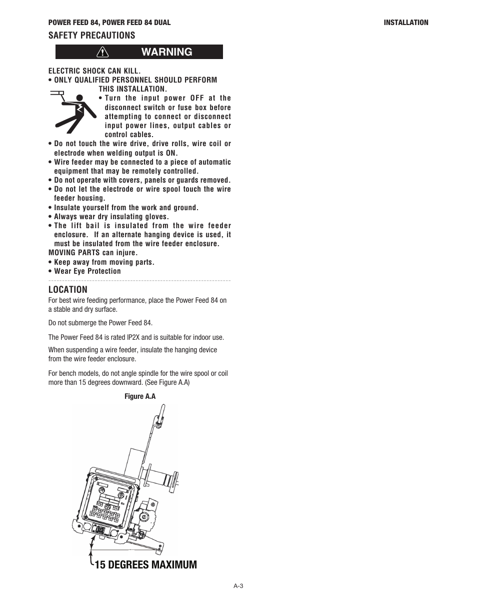 15 degrees maximum, Warning | Lincoln Electric IM10178 POWER FEED 84 U.I. CONTROL BOX User Manual | Page 10 / 136