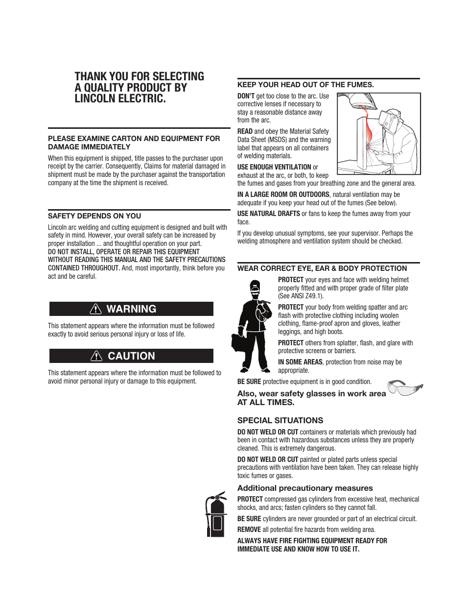 Warning caution | Lincoln Electric IM10178 POWER FEED 84 U.I. CONTROL BOX User Manual | Page 2 / 136