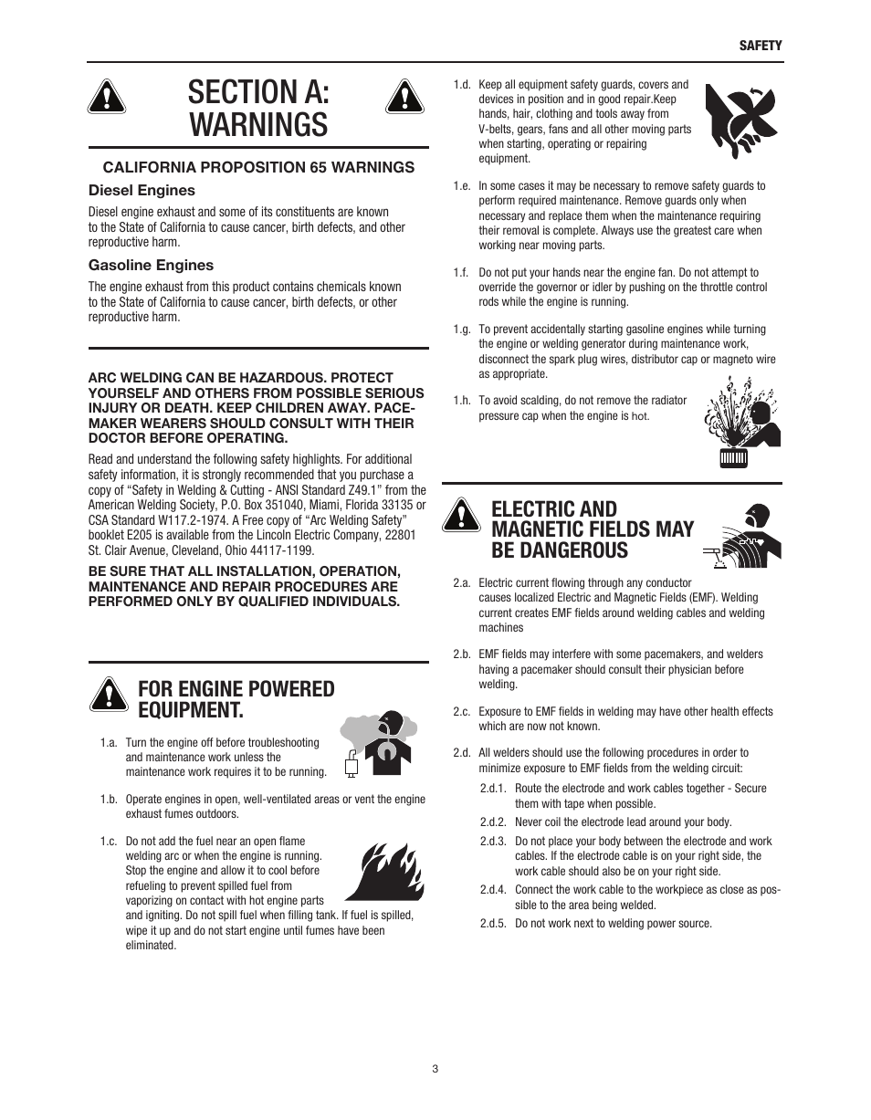 For engine powered equipment, Electric and magnetic fields may be dangerous | Lincoln Electric IM10178 POWER FEED 84 U.I. CONTROL BOX User Manual | Page 3 / 136