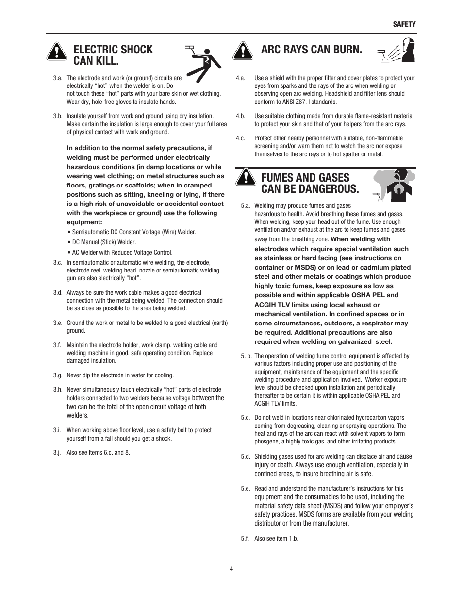Electric shock can kill, Arc rays can burn, Fumes and gases can be dangerous | Lincoln Electric IM10178 POWER FEED 84 U.I. CONTROL BOX User Manual | Page 4 / 136