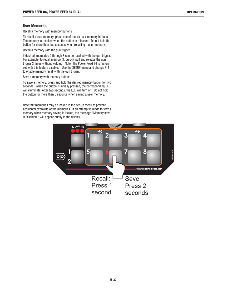 Recall: press 1 second save: press 2 seconds | Lincoln Electric IM10178 POWER FEED 84 U.I. CONTROL BOX User Manual | Page 58 / 136