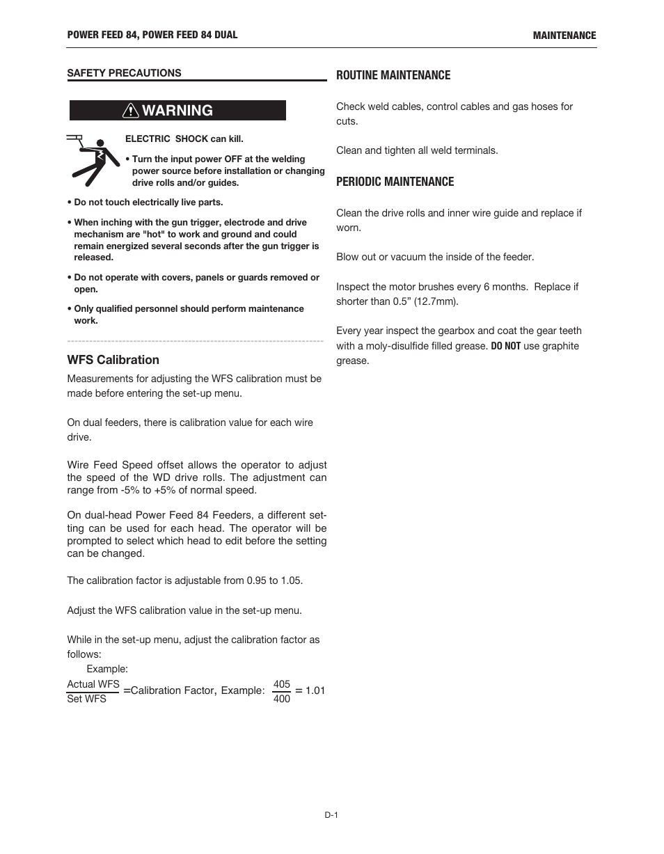 Warning | Lincoln Electric IM10178 POWER FEED 84 U.I. CONTROL BOX User Manual | Page 77 / 136