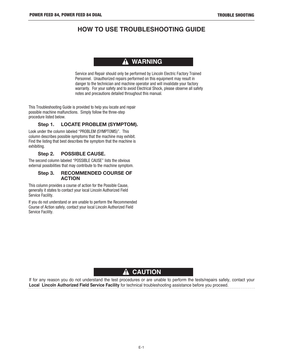 Caution how to use troubleshooting guide, Warning | Lincoln Electric IM10178 POWER FEED 84 U.I. CONTROL BOX User Manual | Page 78 / 136