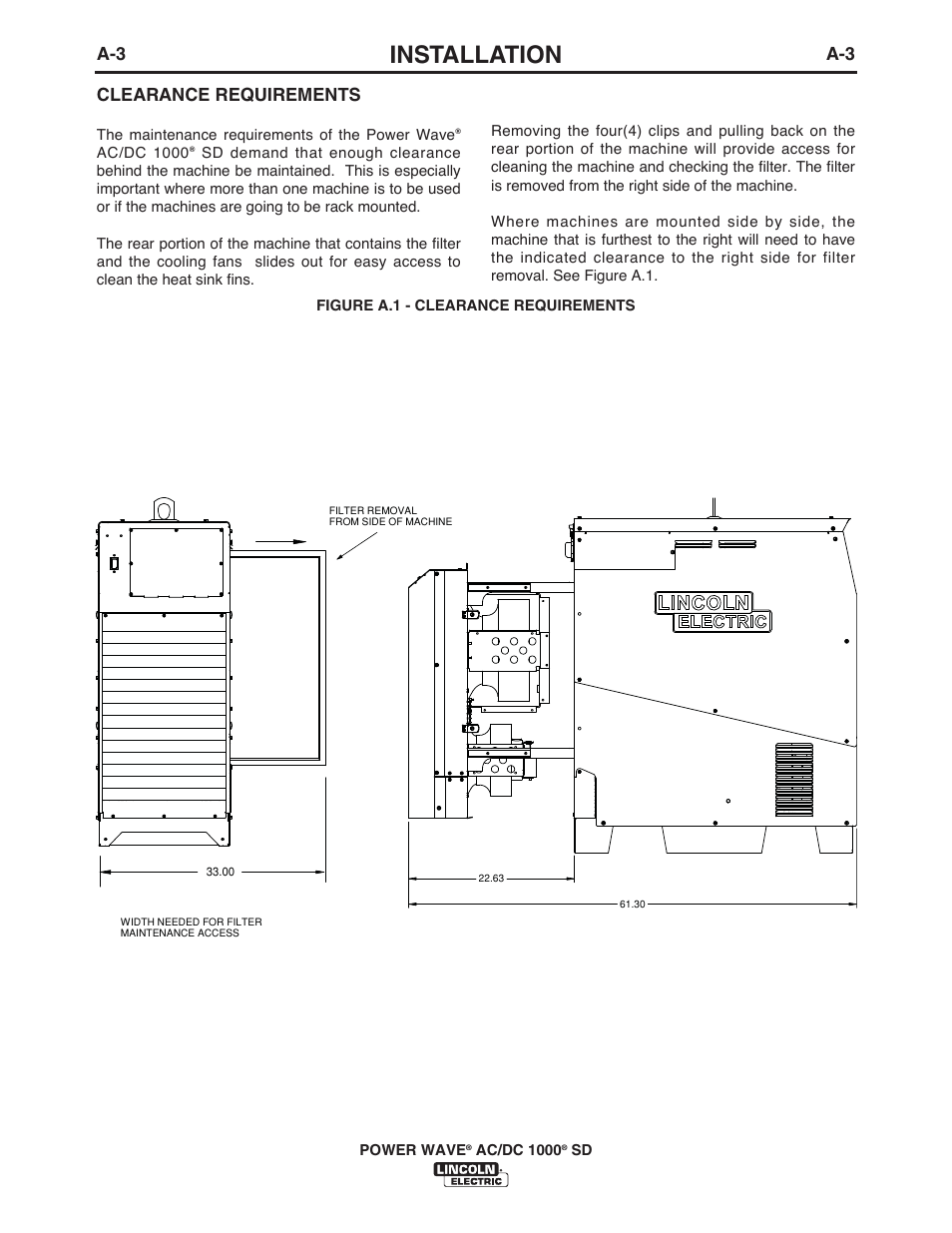 Installation, A-3 clearance requirements | Lincoln Electric IM10022 POWER WAVE AC_DC 1000 SD User Manual | Page 12 / 54