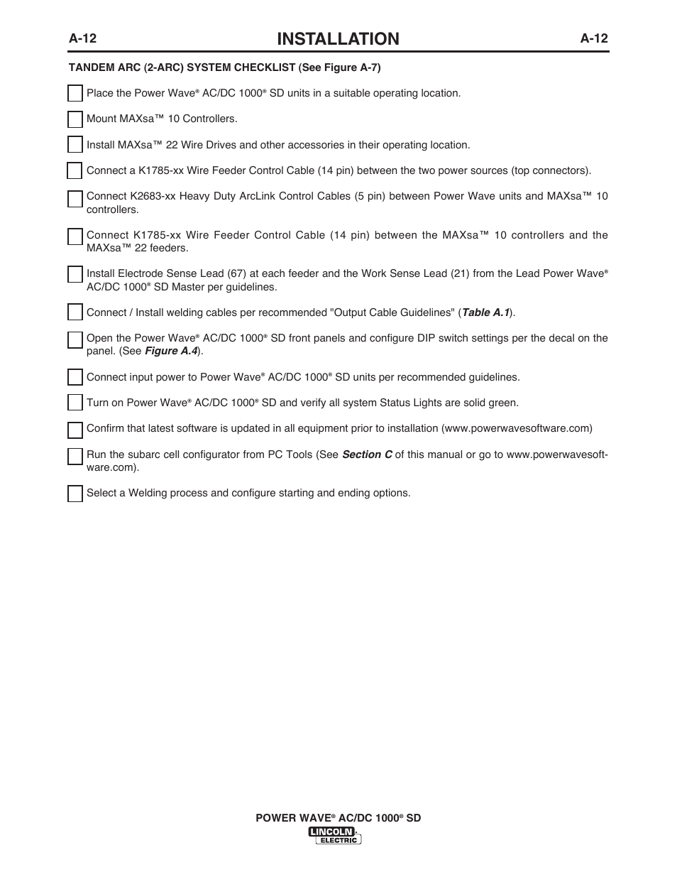 Installation, A-12 | Lincoln Electric IM10022 POWER WAVE AC_DC 1000 SD User Manual | Page 21 / 54